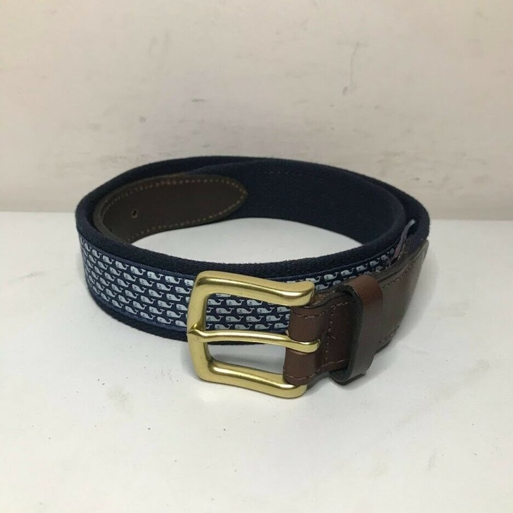 Vineyard Vines Woven Canvas Whale Belt Mens 32 Navy Blue Casual Leather Belt